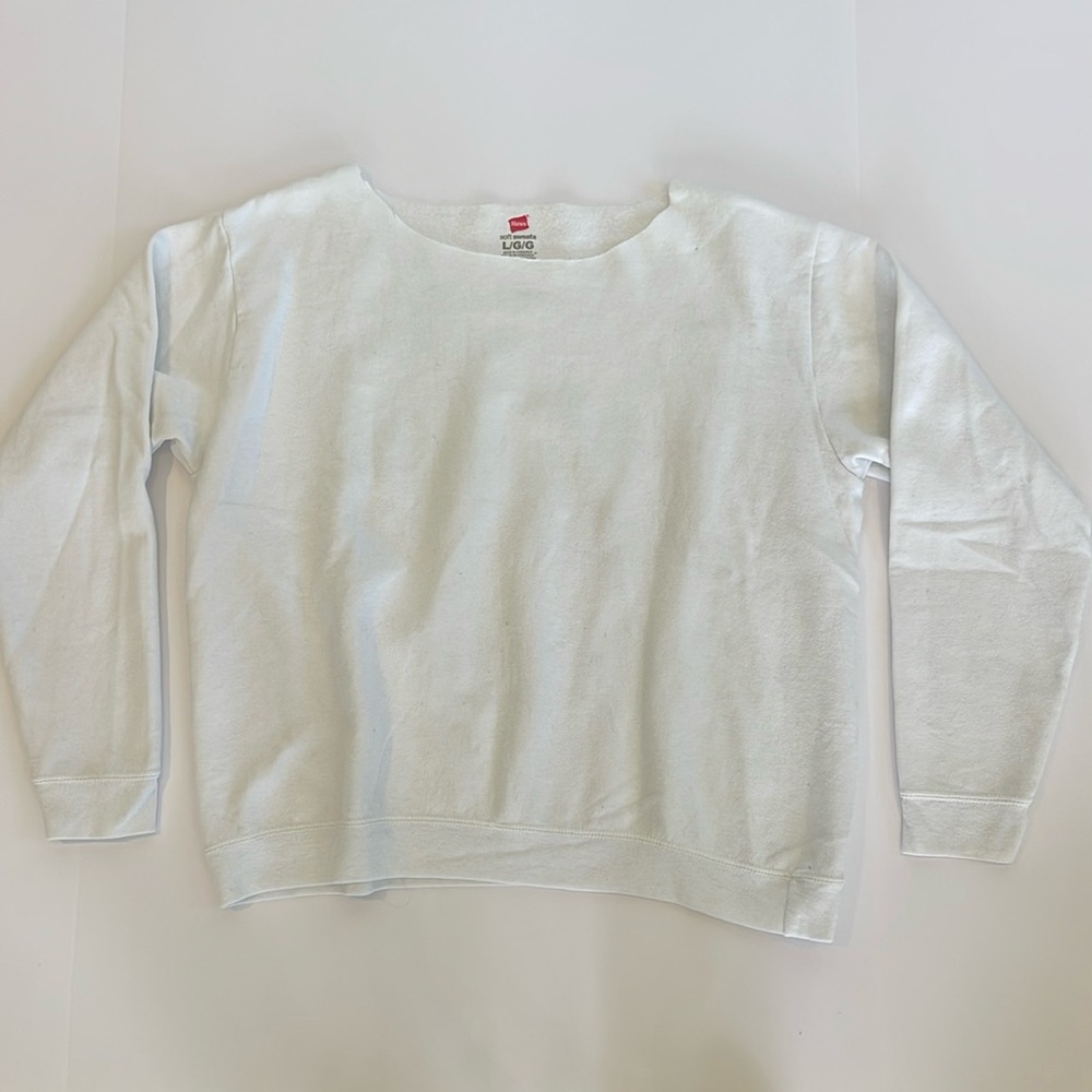 Hanes White Crew Neck Sweater Soft Cotton Blend Cut-Off Size L